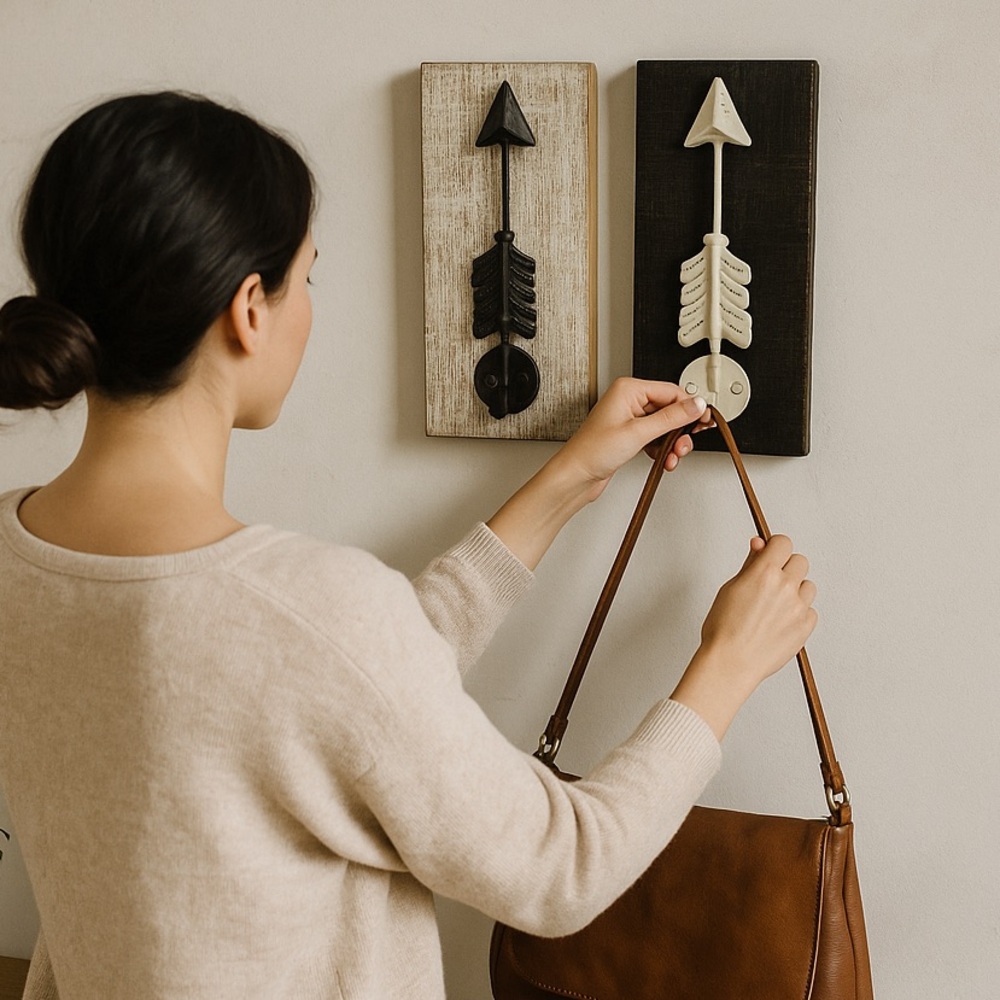 Wooden Arrow Sign Brown Rustic Coat Wood Plaque Hooks Hang Keys Wall Art Decor